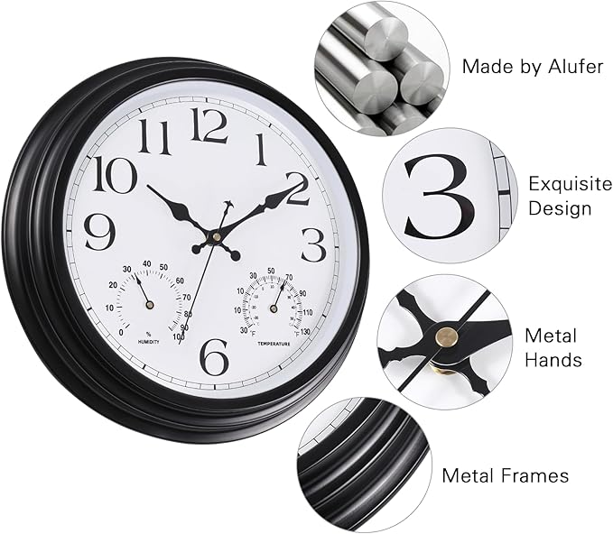 15 Inch Outdoor Clock, Black Metal-Frame Outdoor Clocks Waterproof, Silent Outdoor Wall Clock for Garden Patio Pool