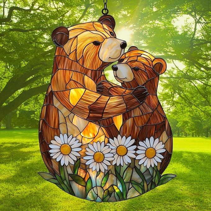 Cute Lovely Mother Bear Acrylic Suncatcher Stained Glass Effect Window Car Hanging Christmas Ornament Indoor Outdoor Decor Garden Sun Catcher Panel for Bear Lover for Women Mom Grandma