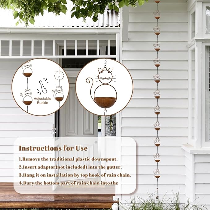 10.53ft Rain Chain for Outside, Rain Chain with 10 Cat Cups, Adjustable Rain Catcher Chain for Outside, Replacement Downspout for Gutters, Eaves, Drainage