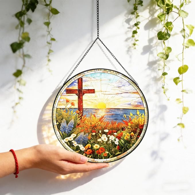 Cardinal Gifts,Cardinal Suncatcher,Christ Cross Ornament, Flower Stained Glass Window Hanging Sun Catcher Window Decor Christian Gifts Religious Decor Religious Gifts Gift for Christmas 7.87"