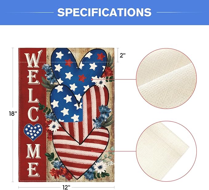 AVOIN colorlife Patriotic 4th of July Welcome Garden Flag 12x18 Inch Double Sided, Memorial Day Independence Day American Stars and Stripes Love Heart Yard Outdoor Decoration