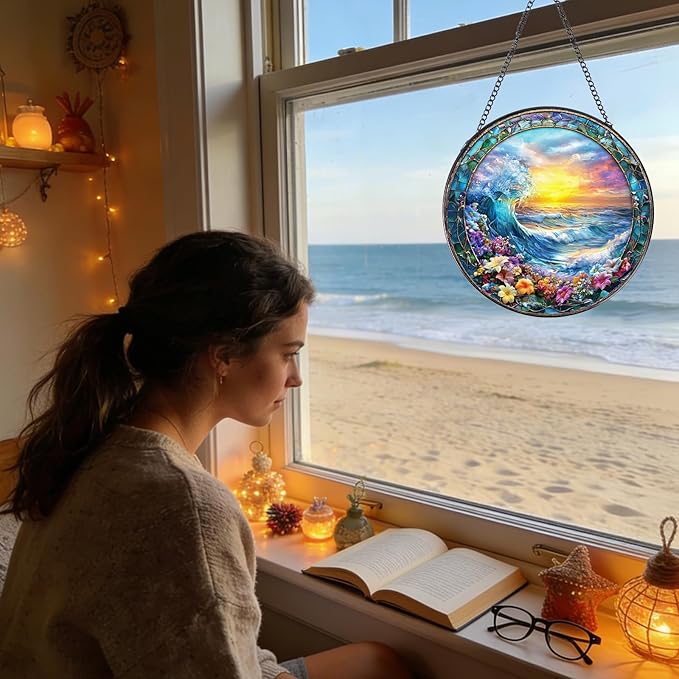 Rngmsi Stained Glass Window Hanging, 7.8″ Clouds and Sea Waves Sun Catchers with Hook Indoor Window Decor, Decorative Suncatchers Hanging Ornaments Home Garden Art Gift for Housewarming