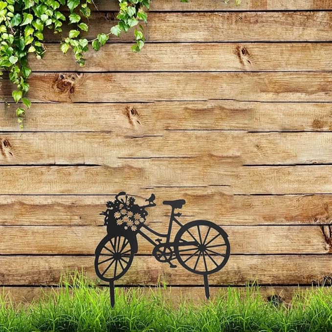 Yard Art Garden Metal Statue Decor,Lifelike Bicycle Stakes Outdoor Decorations,Black Hollow Out Iron Silhouette Sets for Farmhouse Pathway Lawn (Black)