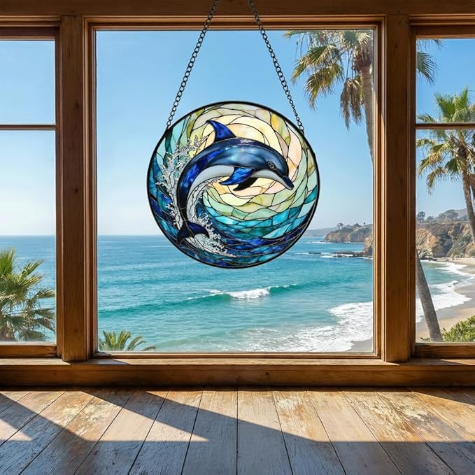 Dolphin Stained Glass Suncather for Window Hanging with Ocean Wave, 7.9'' Blue Dolphin Ornament Gift for Women, Ocean-Themed Home Decor Gift for Beach & Sea Lovers (Blue Dolphin, 7.9'')