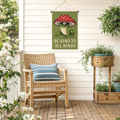 Be Kind To All Kinds Garden Flag Double Sided Yard Outdoor Decoration 12x18 Inch, Fun Frog Mushroom Outdoor Yard Garden Flag, Frog Mushroom Decor Home Banner, Gifts for Gardening Enthusiasts