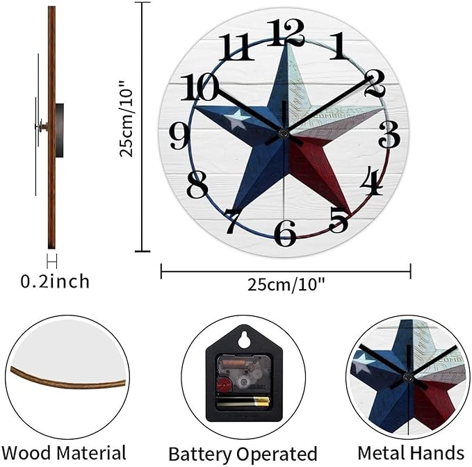 10 Inch Decorative Wall Clock Western Texas Star Vintage Farmhouse Wood Clock Silent Non-Ticking Battery Operated Rustic Wooden Analog Clock for Patio Office Living Room Decor Home Decor