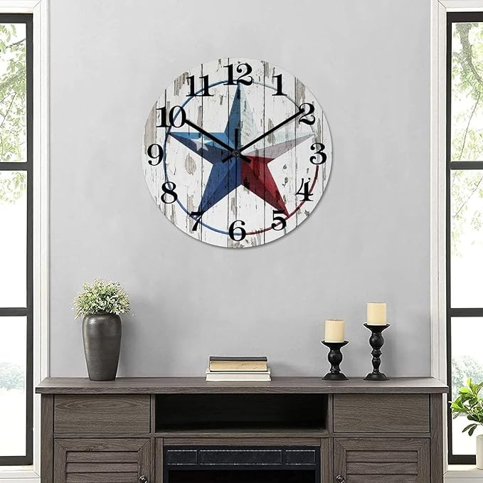 Country Wall Clock Western Texas Star Antique Wood Clock Non-Ticking Quiet Battery Operated with Large Numbers Stylish Desk Clock for Farmhouse Patio Living Room Decor 12 Inch
