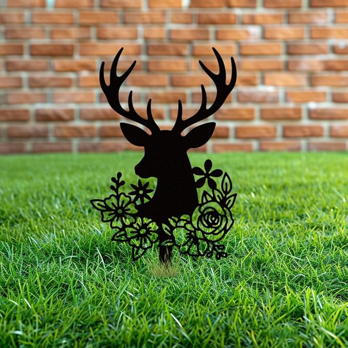 WADORN Deer Head Flowers Metal Decorative Garden Stakes, Black Outdoor Statues Silhouette Cute Deer Lover Gifts Animal Stakes Silhouette Ornaments for Yard Art Garden Patio Backyard Lawn Decors