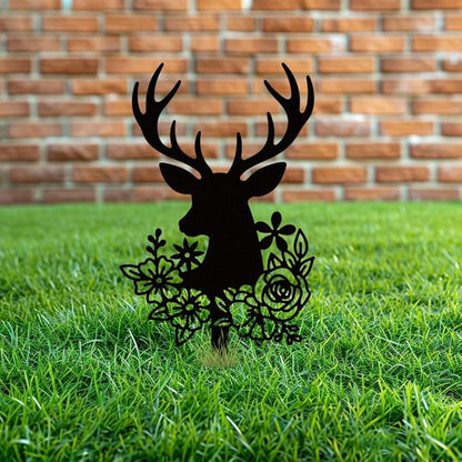 WADORN Deer Head Flowers Metal Decorative Garden Stakes, Black Outdoor Statues Silhouette Cute Deer Lover Gifts Animal Stakes Silhouette Ornaments for Yard Art Garden Patio Backyard Lawn Decors
