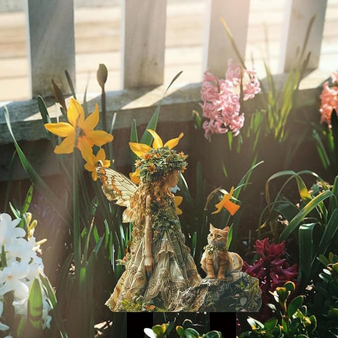 Flower Fairy Garden Stake Decor, 2D Flat Acrylic Elf Garden Sign with Stake, Fairy with Magic Sign for Indoor Outdoor Yard Lawn Balcony Pot Plants (Flower Fairy and Cat)