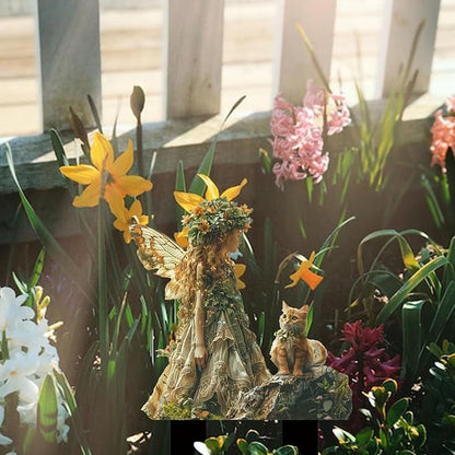 Flower Fairy Garden Stake Decor, 2D Flat Acrylic Elf Garden Sign with Stake, Fairy with Magic Sign for Indoor Outdoor Yard Lawn Balcony Pot Plants (Flower Fairy and Cat)