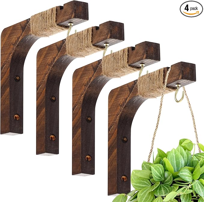 Geelin 4 Pack Wooden Plant Hanger for Wall Mounted Plant Hooks Outdoor Indoor Hanging 6 Inch Farmhouse Hanging Basket Hooks for Garden Home Wall Decoration, L x H x T: 6 x 5 x 0.8inch(Walnut)