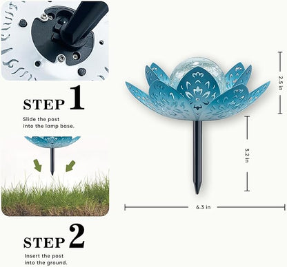 2 Pack Solar Lights Outdoor Garden 6.3 " Glass Lotus Lamp Waterproof LED Metal Flower Lights Outdoor Garden Table Decor for Outside Balcony, Patio, Deck, Porch, Walkway