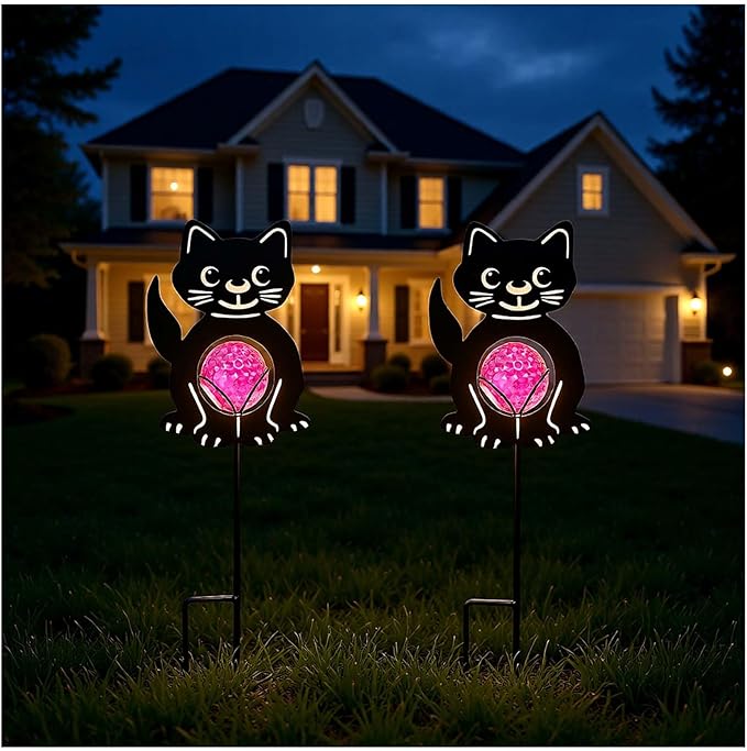 Back Cat Solar Lights Outdoor Decorations, 2 Pack Metal Iron Solar Stake Lights for Yard, Garden, Lawn Decor