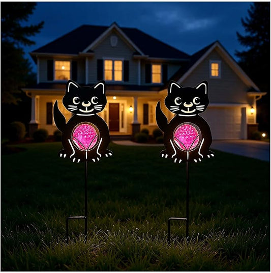 Back Cat Solar Lights Outdoor Decorations, 2 Pack Metal Iron Solar Stake Lights for Yard, Garden, Lawn Decor