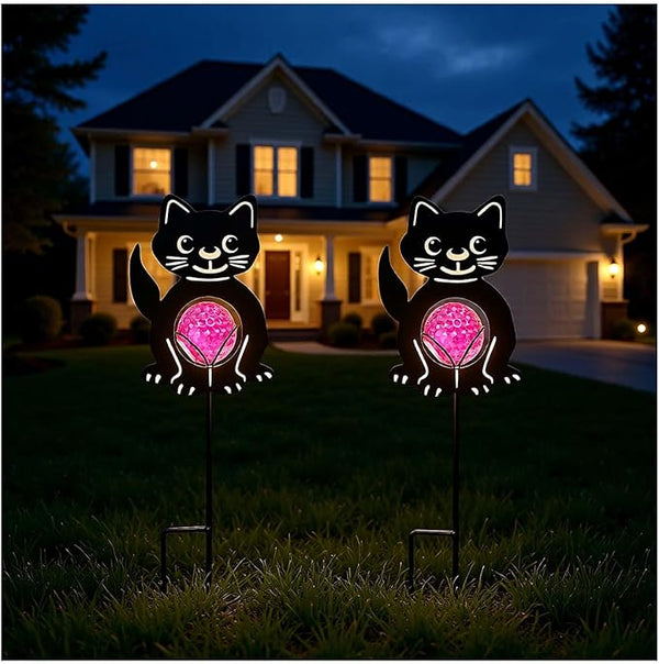 Back Cat Solar Lights Outdoor Decorations, 2 Pack Metal Iron Solar Stake Lights for Yard, Garden, Lawn Decor