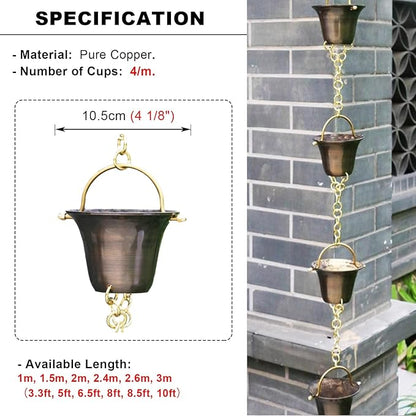 Decorative Rain Chains Waterfall, Rain Chain Copper Rain Chain Extension, Ancient Temple Eaves Water Guide Rain Chain Cups, Rain Catcher Wind Chime for Downspouts, Garden Decorative ( 300cm (10ft))