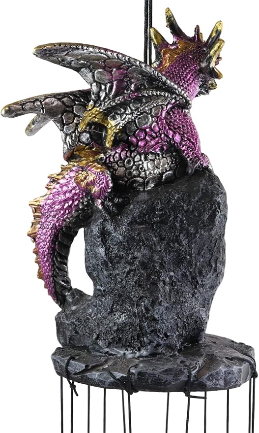 Ebros Gift Medieval Purple Dragon Guarding Topaz Crystal Geode Rock Figurine Crown Top Resonant Wind Chime with Miniature Geode Rocks Ornaments for Garden Patio Home Fantasy Dungeons and Dragons