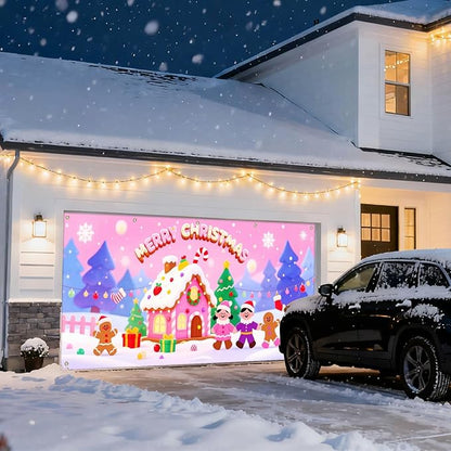 IVN Christmas Garage Door Cover Decoration 13x6ft Gingerbread House Candy Village Pink Snow Scene Merry Christmas Garage Door Banner Home Door Front Yard Decor for Xmas Eve Holiday Outdoor