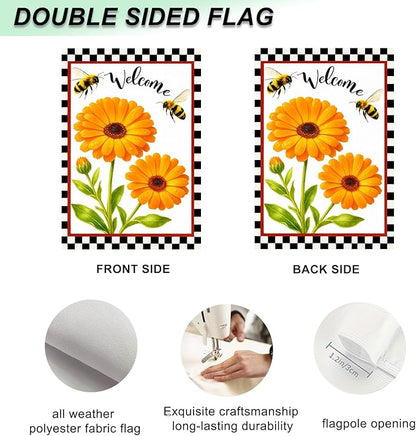 IVN Welcome Garden Flag 12x18 Inch Double Sided Spring Summer Garden Yard Flags Orange Gerbera Daisy Flowers Bees Decorative Small Flags for Outdoor Seasonal Front Door Lawn Porch Patio Decor Yard Flag