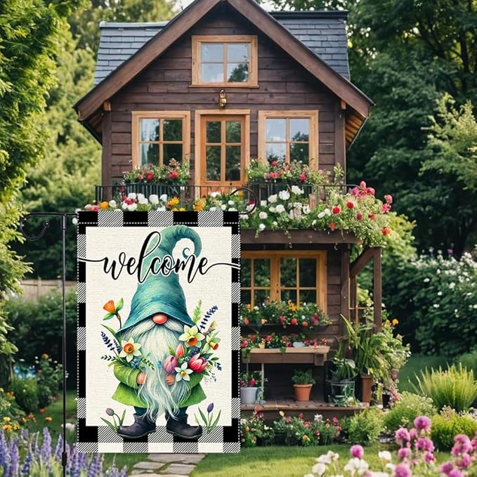 Welcome Spring Summer Gnome Garden Flag Colorful Floral Buffalo Plaid Garden Flags Small Burlap Lawn Seasonal Wildflowers Home Flags Outside Yard 12x18 Inch Double Sided