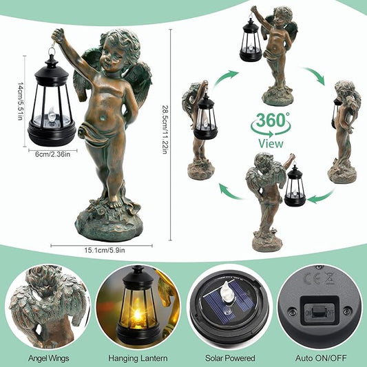 Solar Angel Garden Statues, Outdoor Angel Solar Hanging Lights Waterproof, Birthday Gifts for Mom Women Mother's Day, Cupid Boy Garden Figurines for Yard Decor Patio Porch Lawn Ornaments