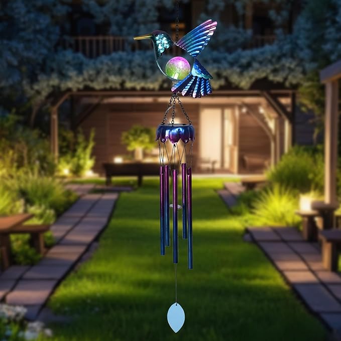 MUMTOP Solar Wind Chimes for Outside - Hummingbird with Crack Glass Ball Lights Wind Chimes Outdoor Unique, Windchimes Clearance for Garden, Patio,Yard Decor Gift
