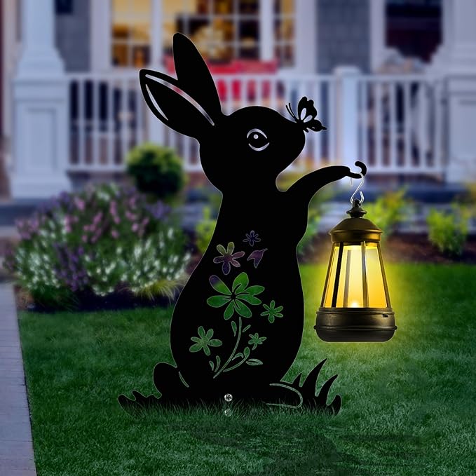 Bunny Solar Garden Stakes, Rabbit Silhouette Decorative with Solar Lantern, Metal Garden Easter Decoration for Yard,Lawn,Pathway