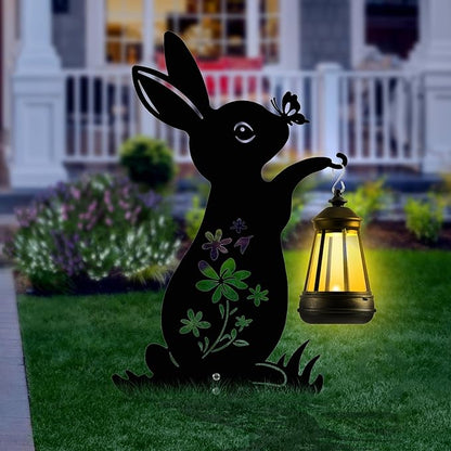 Bunny Solar Garden Stakes, Rabbit Silhouette Decorative with Solar Lantern, Metal Garden Easter Decoration for Yard,Lawn,Pathway