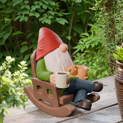 Drinking Coffee Garden Gnomes Statue Decoration, Rocking Chair Garden Gnomes Figurine Ornament for Indoor Outdoor Home Patio Yard Lawn Ourside