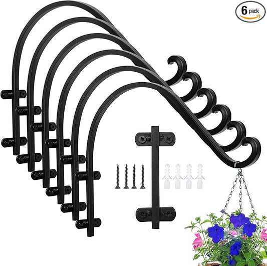 6 Pack 16 Inch Hanging Plant Brackets, Heavy Duty Outdoor Plant Hangers, Black Plant Hanger Bracket for Flower Basket, Bird Feeders, Lanterns, Wind Chimes