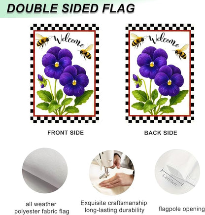 IVN Welcome Garden Flag 12x18 Inch Double Sided Spring Summer Garden Yard Flags Purple Pansy Flowers Bees Decorative Small Flags for Outdoor Seasonal Front Door Lawn Porch Patio Decor Yard Flag
