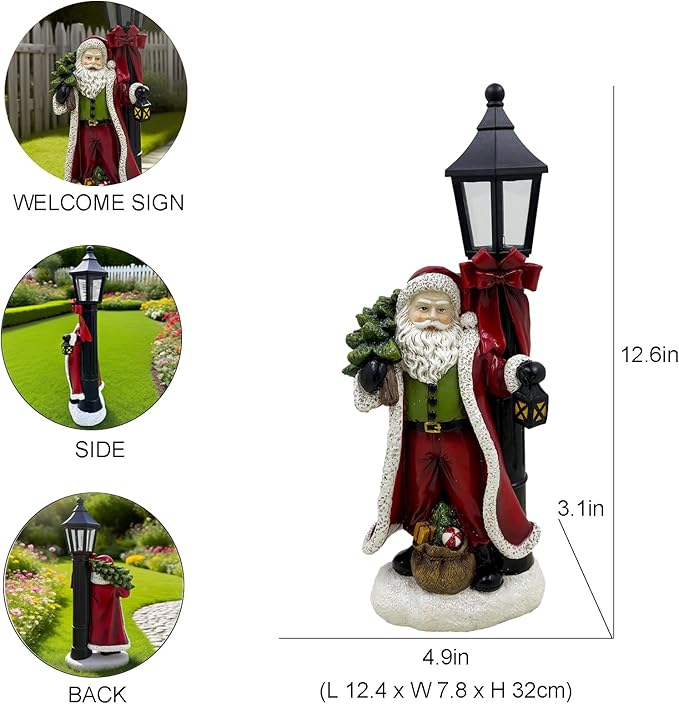 Santa Claus Statue with Light 12.6 inch Christmas Resin Figurine Desktop Decor, New Year's Day Outdoor Decoration for Porch Garden Yard Patio