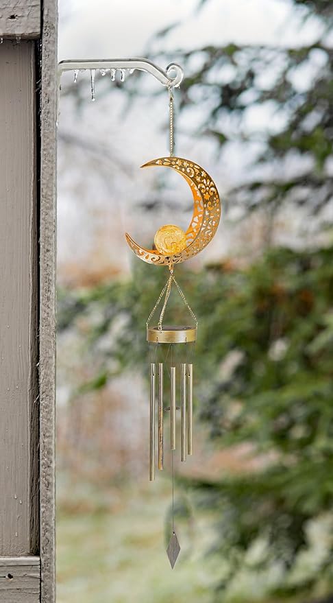 Moon Solar Wind Chimes for Outside Lights Gifts for Mom Wife Unique Crackle Glass LED Warm Light Outdoor Hanging Decor Windchimes for Garden Yard Patio Christmas Birthday Mothers Day