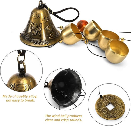 Eorbow 3 Packs Lucky Wind Chimes, Chinese Wind Bell, 6-Bell Vintage Hanging Bell Chimes with Gourd Dragon Peacock Coin for Good Luck Wealth Blessing, Home Garden Patio Decoration