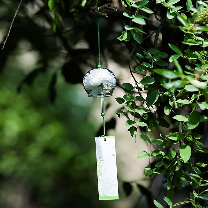 Japanese Wind Chime Glass Outdoor Ornament for Garden, Patio & Balcony, Hanging Wind-Bell Decoration Gift, Blessing Pendant Windchimes & PVC Wind-Catcher, White Flower