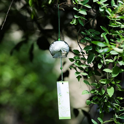 Japanese Wind Chime Glass Outdoor Ornament for Garden, Patio & Balcony, Hanging Wind-Bell Decoration Gift, Blessing Pendant Windchimes & PVC Wind-Catcher, White Flower