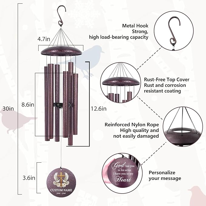 Memorial Wind Chimes Personalized for Outside, Deep Tone Wind Chime Memorial Gifts for Sympathy Bereavement Remember, Gift for Loss of Lover Mother Father Produced in USA