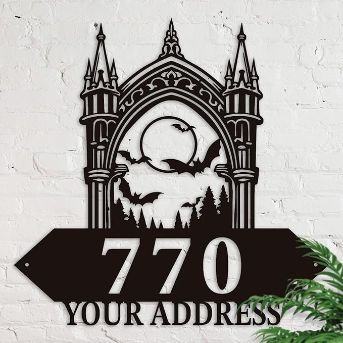 Personalized Gothic House Number metal Signs,Custom Address Number Metal Wall Art Decor,Black Plaques Outdoor wall Decorative Signage,Shed(8-30 Inches) (Castle B)