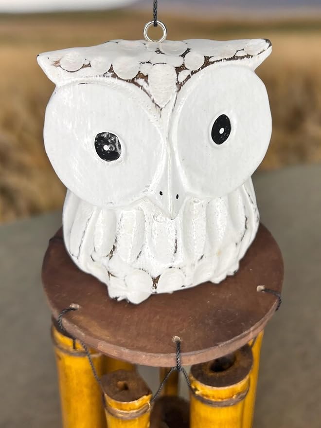 Big Eyed Owl Carved Wood and Bamboo Windchime – Distressed White Finish Hanging Outdoor Garden – Relaxing Calming Deep Tones