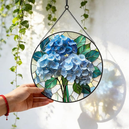 7.87" Blue Hydrangea Flower Suncatcher Stained Glass Window Hanging Room Decor,Sun Catchers Indoor Window Glass Round Panel Wall Decor, Floral Wall Art Hanging Decorations Statues