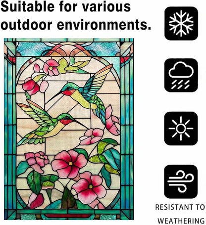 Spring Summer Hummingbird House Flag 28x40 Inch Double Sided, Stained Glass Floral Outdoor Flag Colorful Flower Large Yard Flag Seasonal Lawn Porch Farmhouse Decor