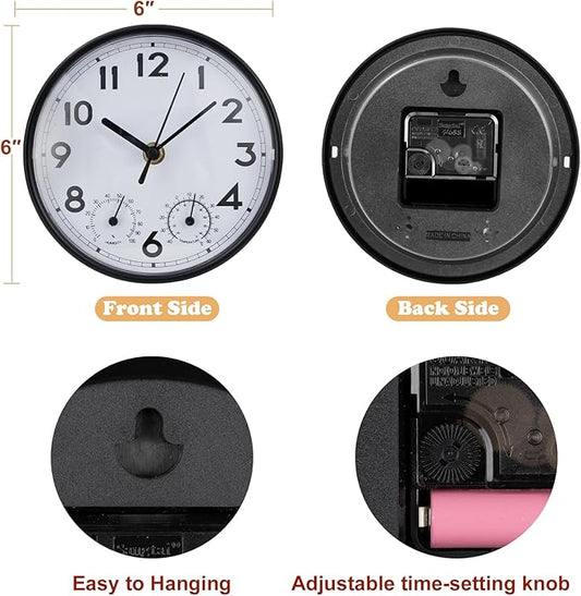 Indoor Outdoor Clocks Waterproof, Decorative Wall Clocks with Temperature and Humidity, Non Ticking Round Wall Clock Battery Operated for Patio Garden Home