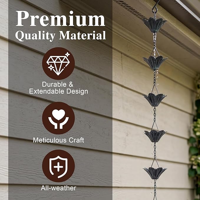 DUSVALLY 12 Cups Lotus Rain Chain for Gutters Downspouts Outside 8.5 FT, Iron Rain Chains for Gutter and Rain Barrel, Functional and Decorative Replacement for Gutter Downspouts, Blue