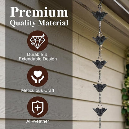 DUSVALLY 12 Cups Lotus Rain Chain for Gutters Downspouts Outside 8.5 FT, Iron Rain Chains for Gutter and Rain Barrel, Functional and Decorative Replacement for Gutter Downspouts, Blue