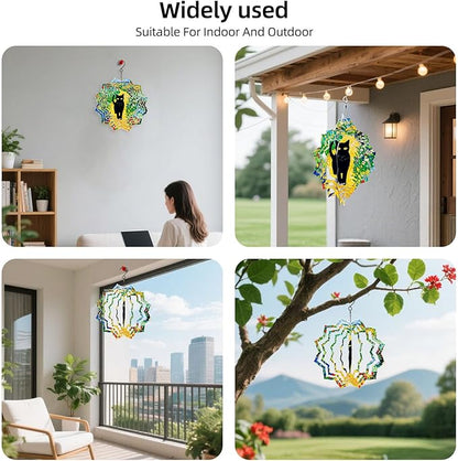 8 Inch Sublimation Wind Spinner, 3D Aluminum Metal Wind Spinner with Hook, Indoor Yard Garden Hanging Decoration, Weather Resistant Rotating Spiral Ornament, Black Cat in Flowers