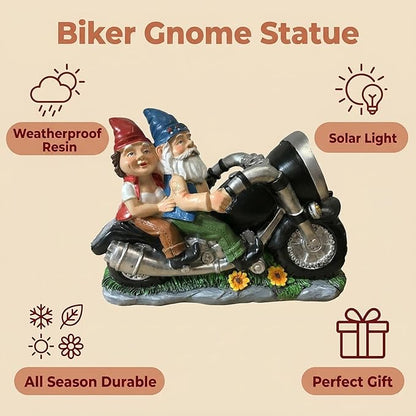 Cute Biker Gnome Couples Statue with Solar Lights - Biker Garden Gnomes Outdoor Funny Figurine - Solar Powered Motorcycle Statues Garden Ornament Art - Travel Gnome Figurine for Patio Yard Decor