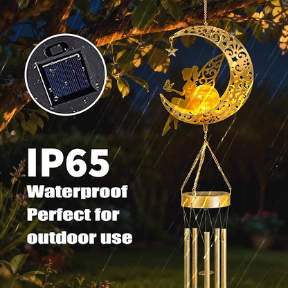 YAKii Fairy Moon Solar Wind Chimes for Outside Lights Gifts for Mom Wife Unique Crackle Glass LED Warm Light Outdoor Hanging Decor Windchimes for Garden Yard Patio Christmas Birthday Mothers Day