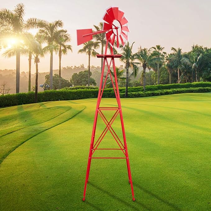 Metal Windmill for Garden Yard Decor, 8ft Tall Windmill Pinwheels Outdoor with Spinning Blades, Weather Vanes Lawn Ornaments, Weather-Resistant, Red