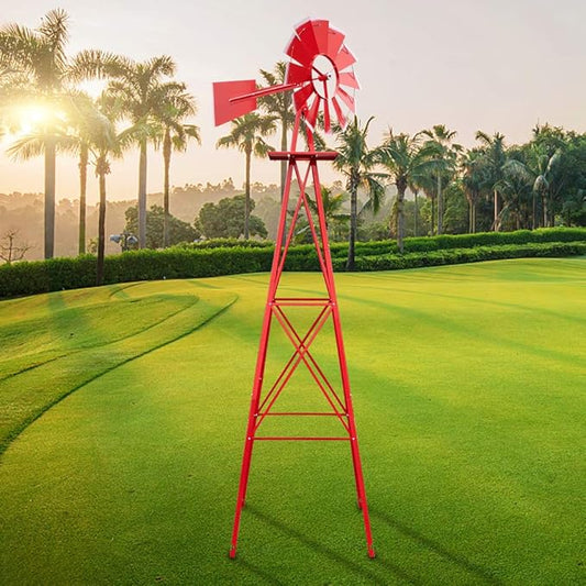 Metal Windmill for Garden Yard Decor, 8ft Tall Windmill Pinwheels Outdoor with Spinning Blades, Weather Vanes Lawn Ornaments, Weather-Resistant, Red